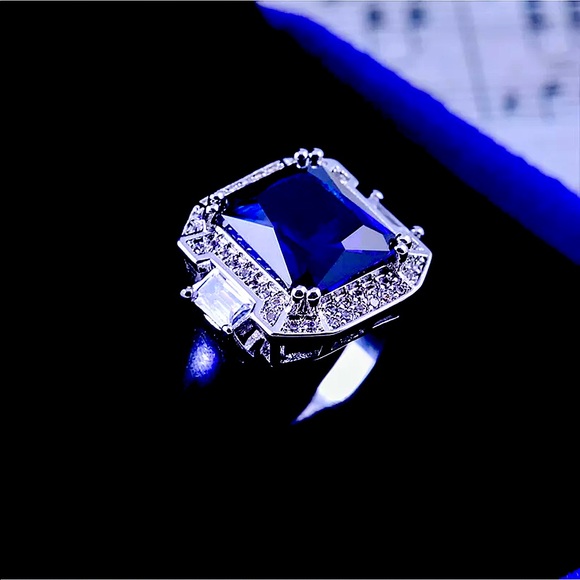 🌍 Blue Sapphire Princess Cut/White sapphires .925 - Picture 3 of 6